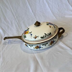 Vintage Floral Enamel Cookware Pan w Lid Mid Century Style 10”